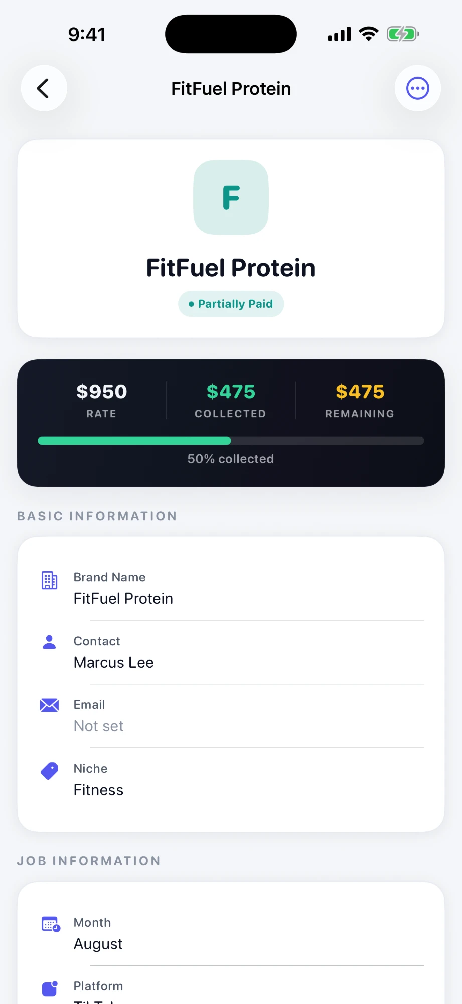 Deal detail with rate, collected and remaining